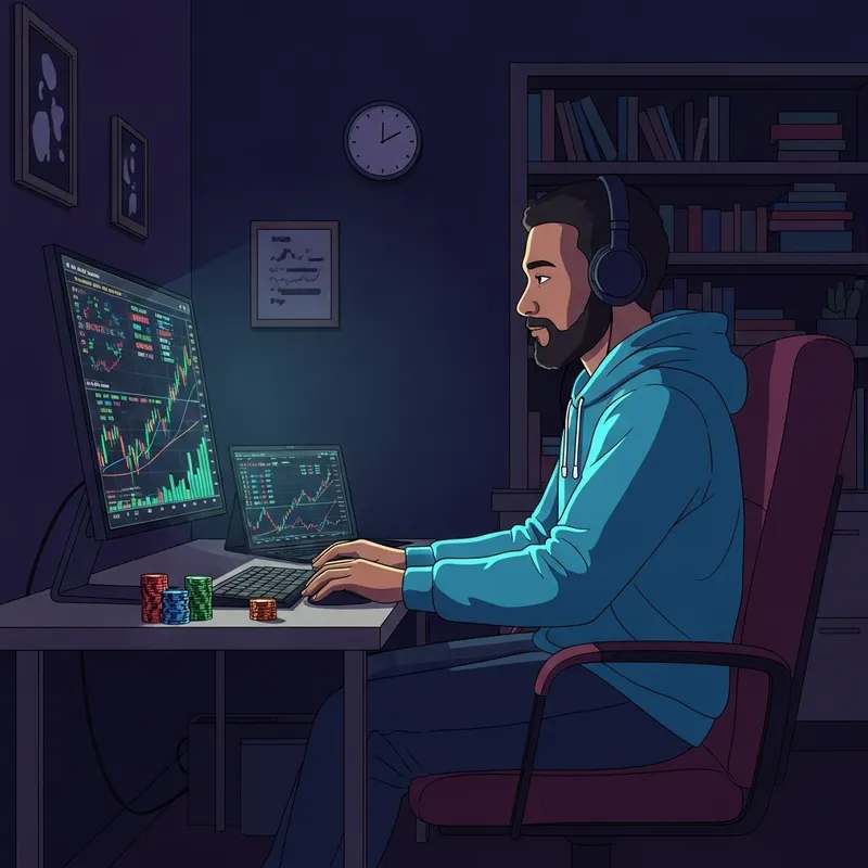 Man Sitting in Chair Trading Forex in Dim Room