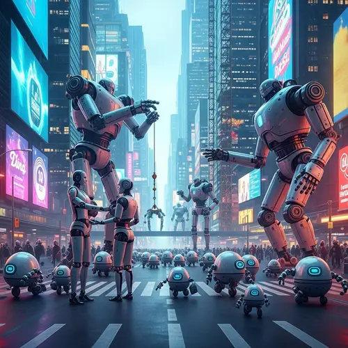 Futuristic Robots in a High-Tech Cityscape