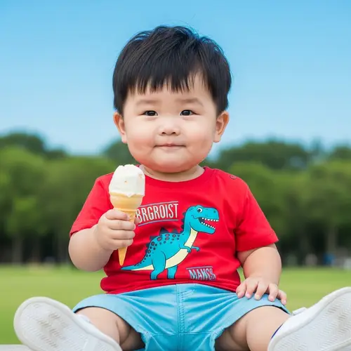 Charming Chubby Asian Boy Enjoying Ice Cream in the Park