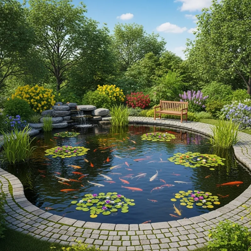Serene Fish Pond Design with Lush Green Surroundings