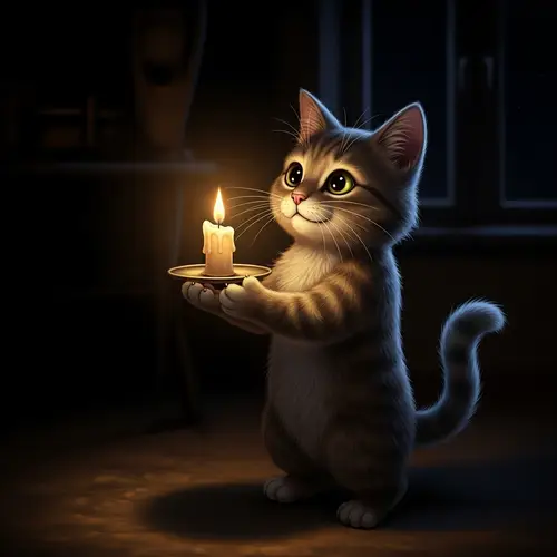 Cute Cat Holding a Candle in Dark Background
