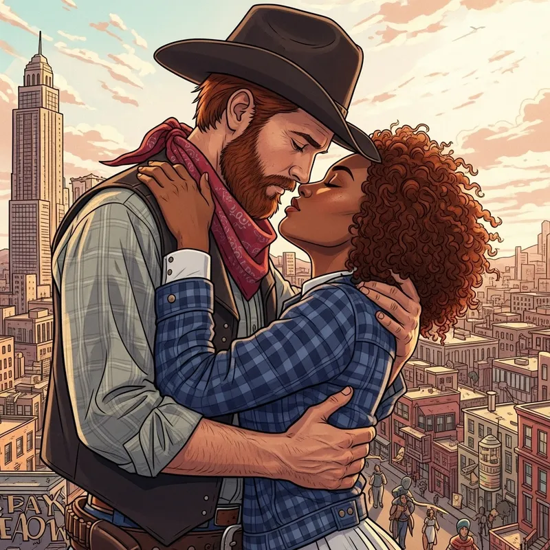 Rugged Cowboy Embracing Auburn Beauty in Surreal Cityscape