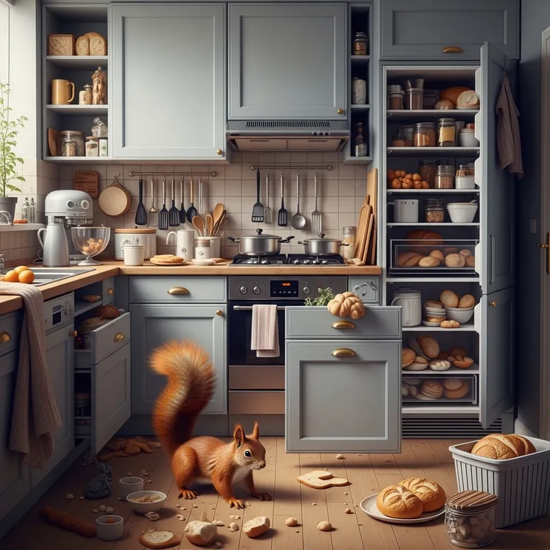 Lonely Red Squirrel in Empty Kitchen | No Food Scene