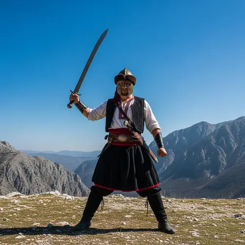 Albanian Warrior in Traditional Garb | Mountainous Terrain Background