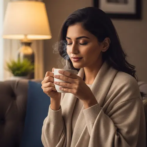 Elegant South Asian Woman Savoring Coffee - Tranquil Scene