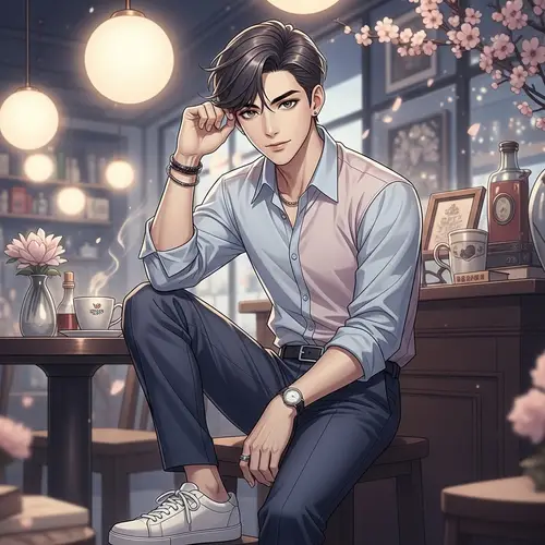Romantic Aesthetic Featuring Young Asian Male in Trendy Outfit