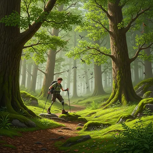 Handicapped Individual Exploring Serene Forest Alone