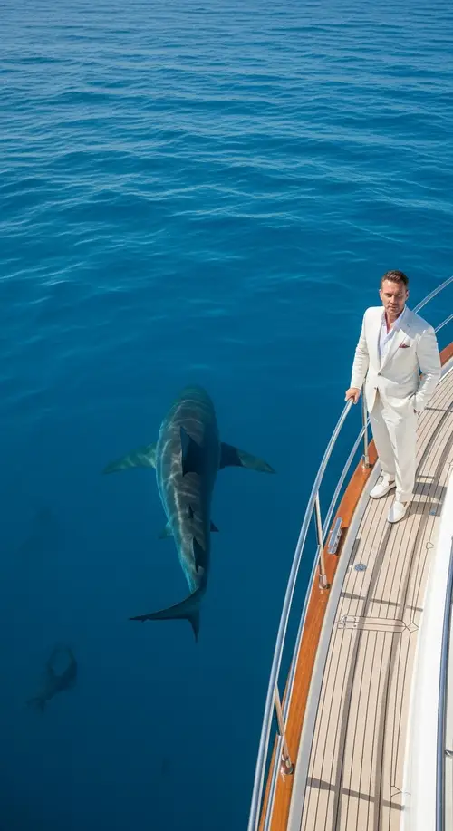Majestic Shark and Elegant White Suit in Blue Ocean
