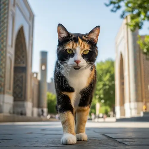 Tricolored Cat Walking in Tashkent | Realistic Photo