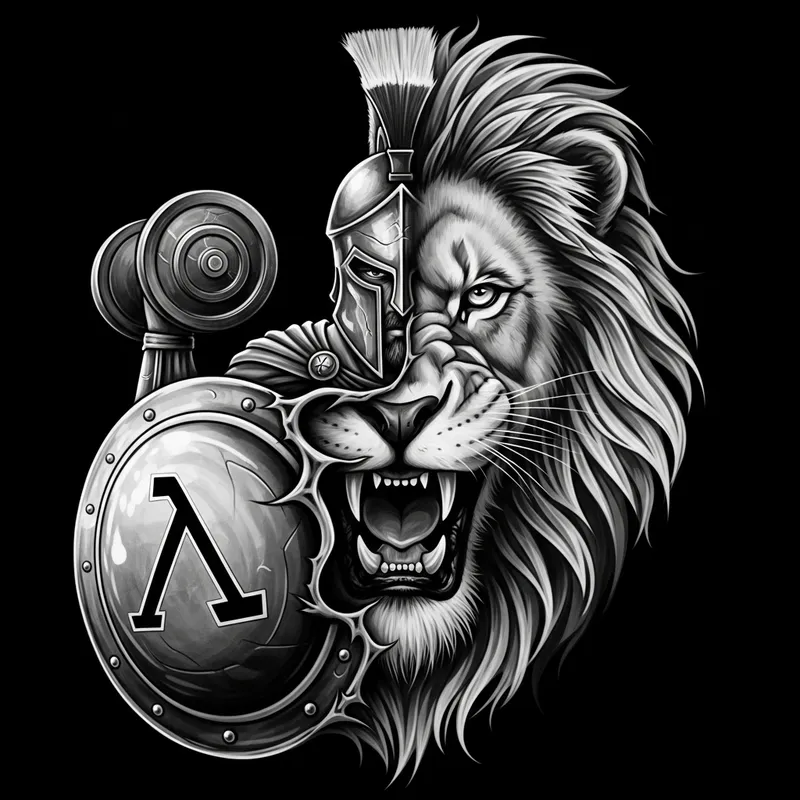 Spartan Warrior with Lion Face Tattoo and Shield Art