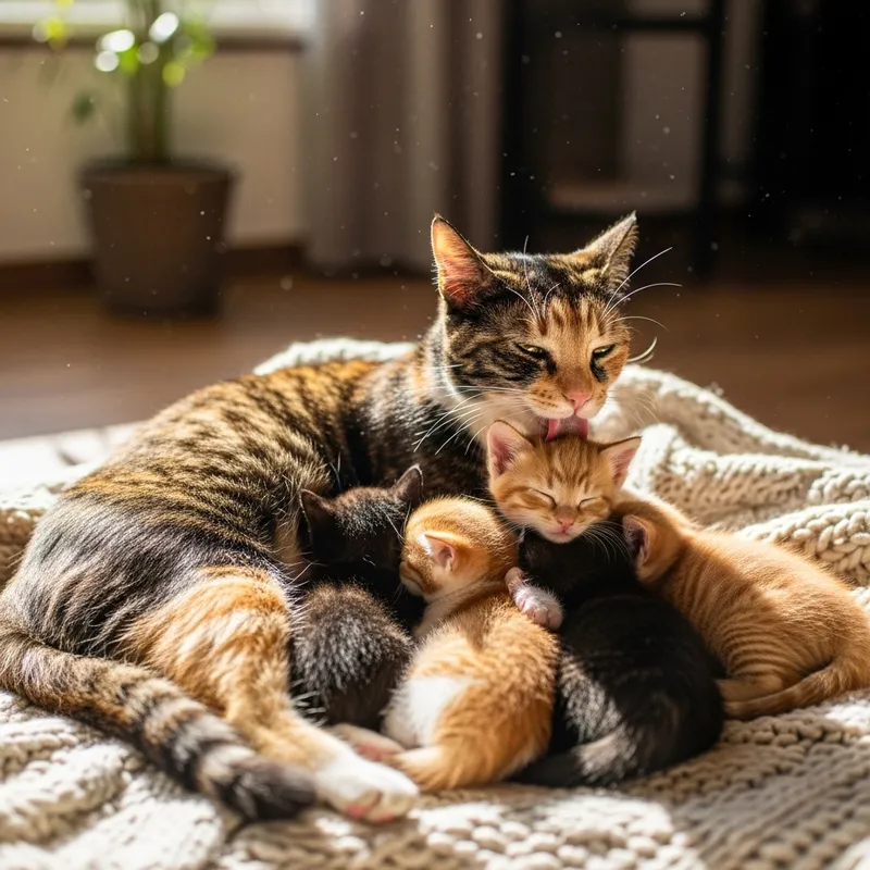 Mother Cat Cares for Kittens | Heartwarming Scene