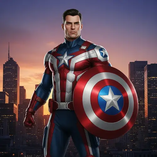 Muscular Caucasian Male Superhero with Shield in Red, White, Blue Suit