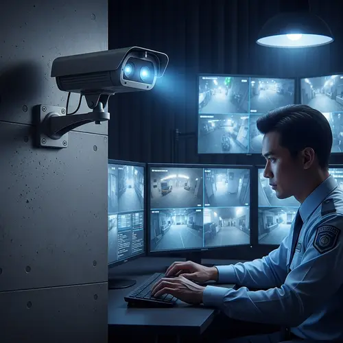Modern Surveillance Scene with High-Tech Security Camera and Officer