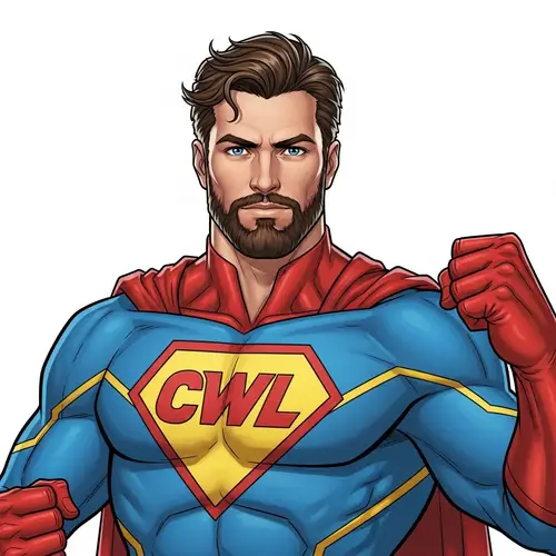 CWL Logo Superhero: Brown Hair, Blue Eyes, Beard