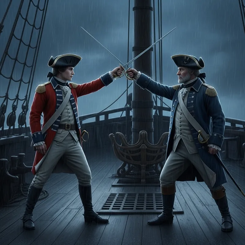 British Naval Officer Duel at Night - Captains in Red and Blue Uniforms