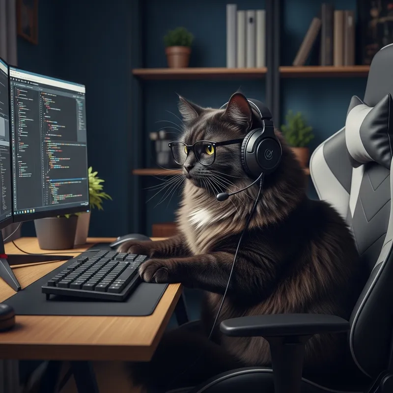 Focused Black Furry Cat in Glasses & Headphones Creating Program