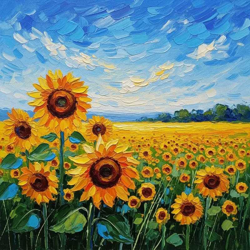 Impressionistic Sunflowers Under Blue Sky