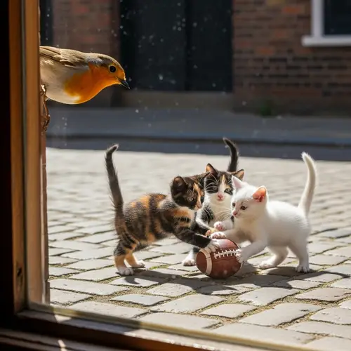 Petite Bird Observing, Kittens Playing | Cute Animal Scene