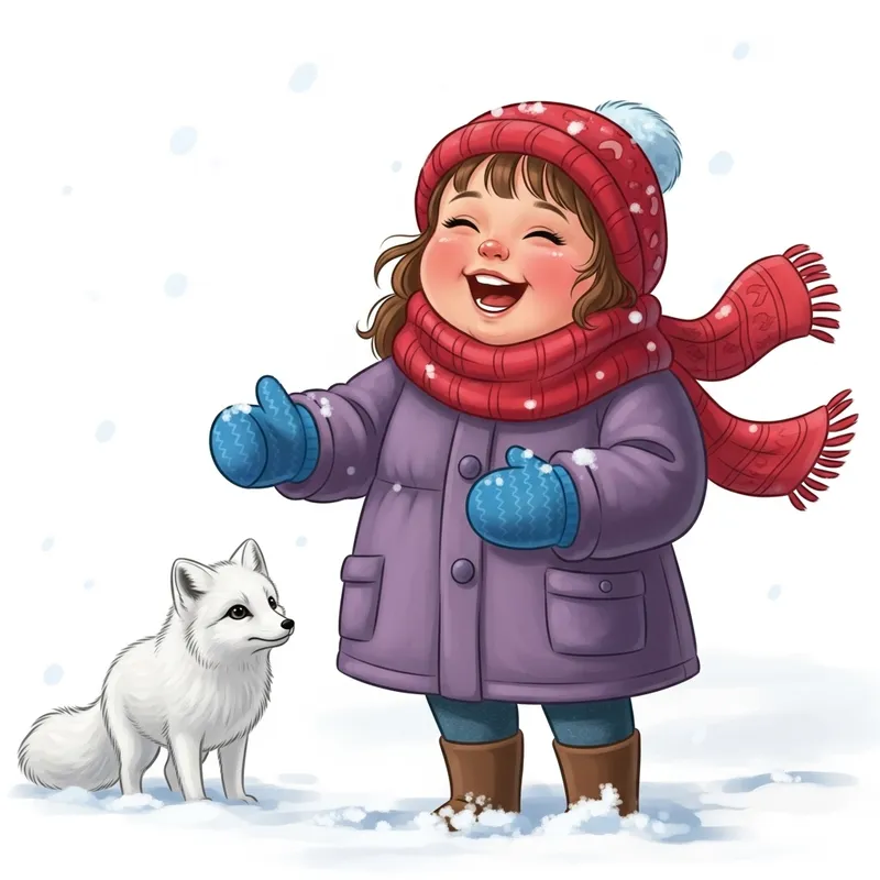Playful Afternoon: Girl and White Fox in Snow