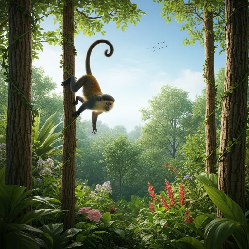 Curious Monkey Swinging Through Vibrant Jungle