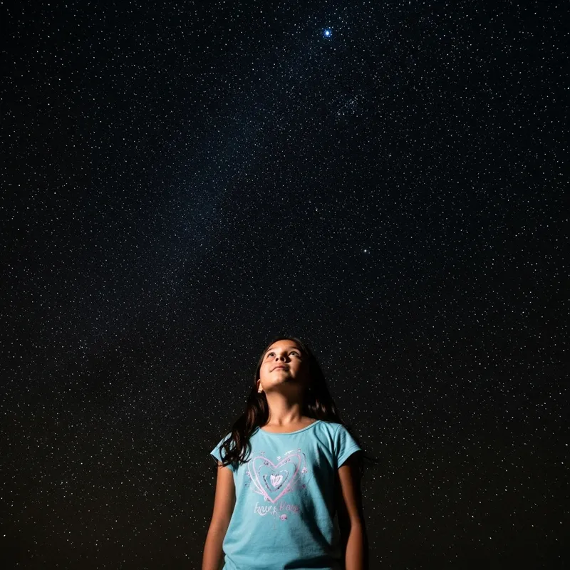 Enchanting Night Sky: Girl Stargazing Under Twinkling Stars