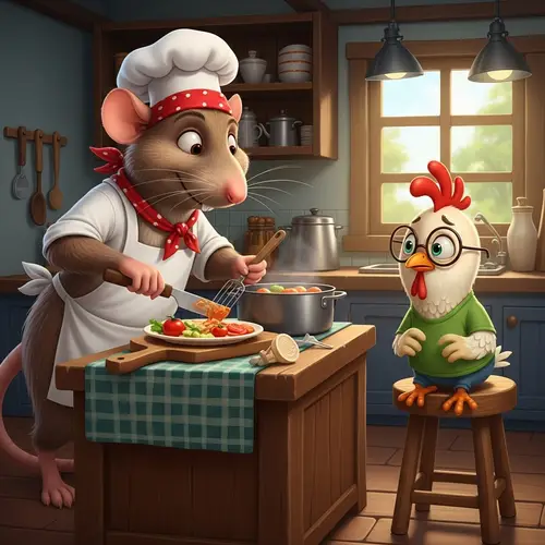 Charming Culinary Rat and Nervous Chicken Illustration