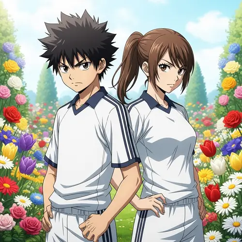 Anime Boy & Girl Soccer Players | Floral Background Art