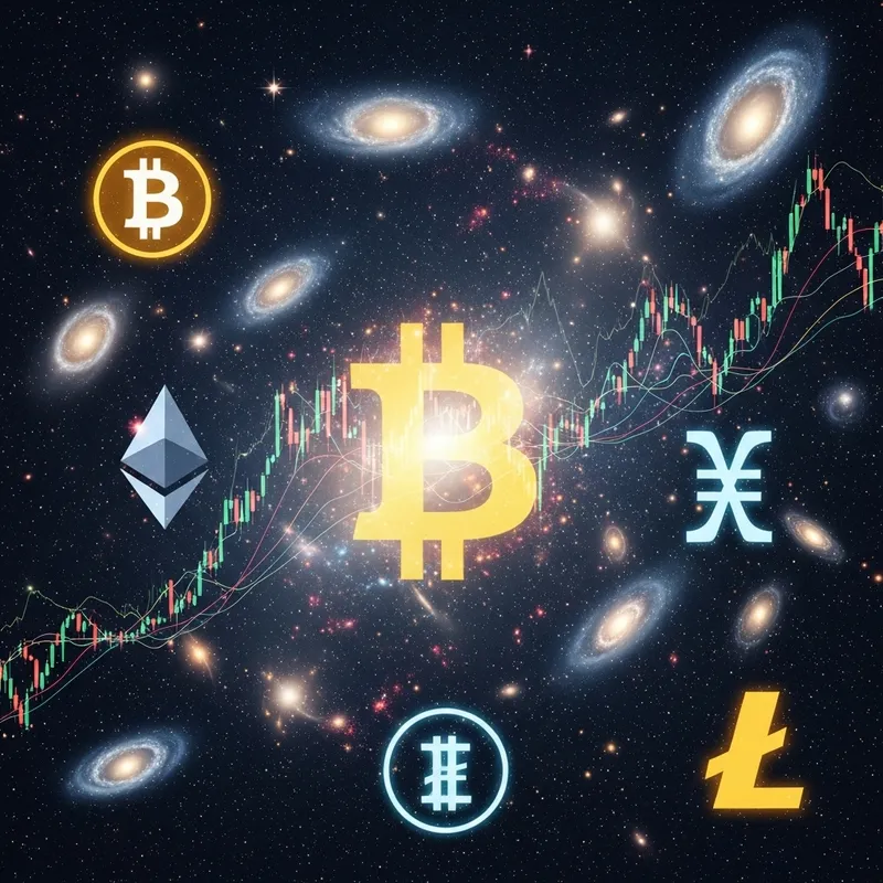 Celestial Finance: Cryptocurrency Symbols & Market Graphs in Night Sky Celestial Finance: Cryptocurrency Symbols & Market Graphs in Night Sky