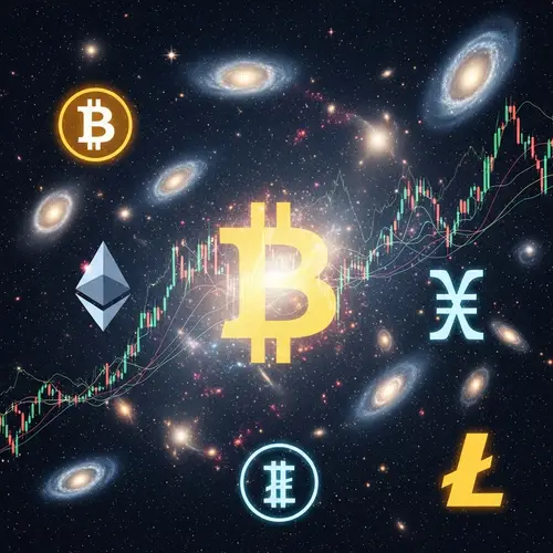 Cryptocurrency Symbols in Night Sky | Market Graphs & Stars