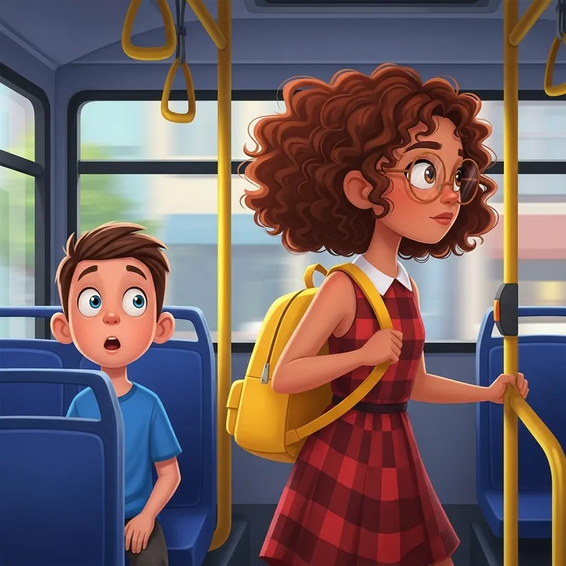 Cartoon Boy Astonished by Curly-Haired Girl Entering Bus Cartoon Boy Astonished by Curly-Haired Girl Entering Bus