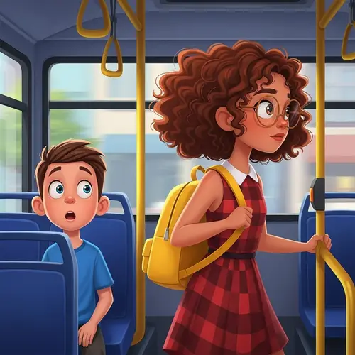 Cartoon Boy's Surprise on Seeing Curly-Haired Girl on Bus