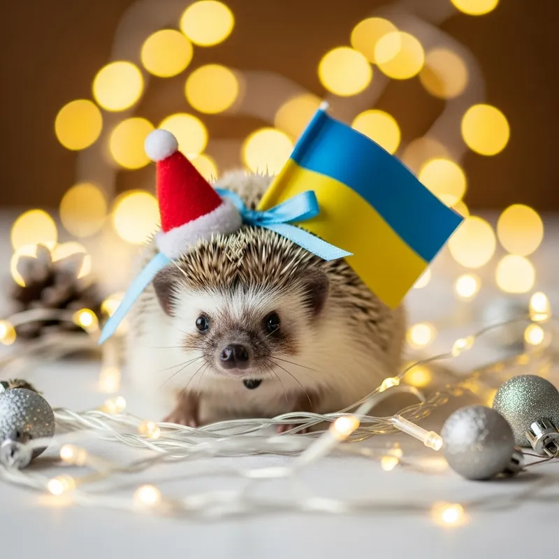 Hedgehog in New Year garlands with Ukrainian flag