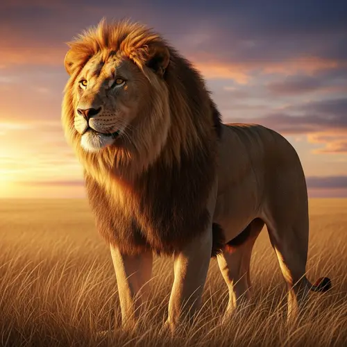 Majestic Male Lion in Savanna at Sunset