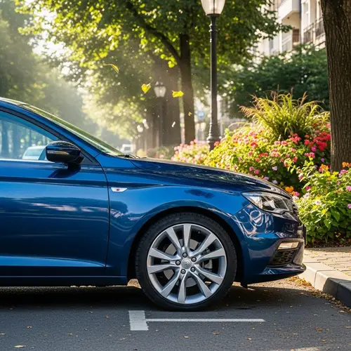 Beautiful Metallic Blue Car Parked on Sunlit Street