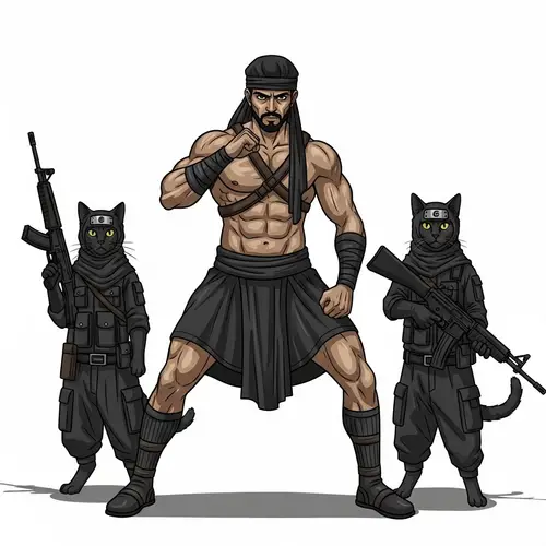 Muscular Middle-Eastern Man in Defensive Pose with Ninja Cats