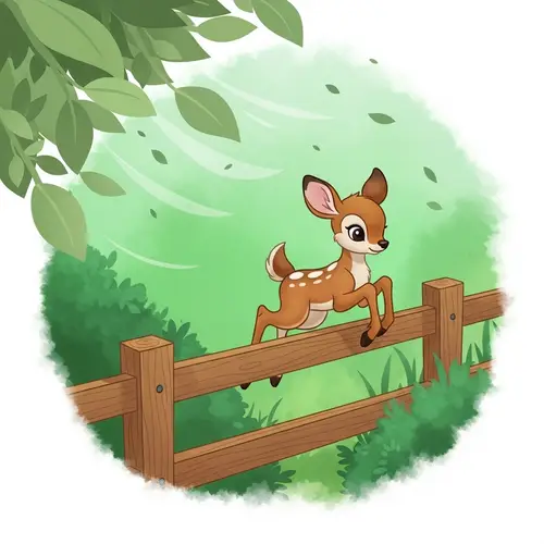 Playful Fawn Jumping Over Fence in Cartoon Style