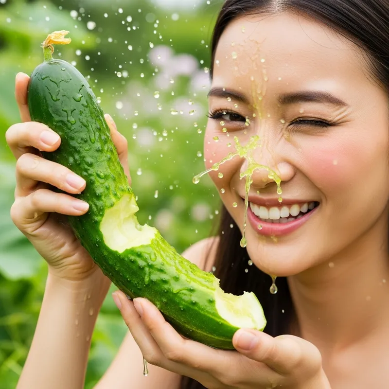 Realistic Photo: Asian Woman with Juicy Courgette, Playful Expression