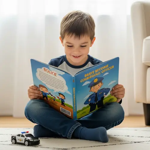 Inspiring Young Caucasian Boy Enthralled by Children's Police Officer Storybook