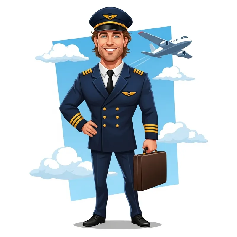 Caucasian Male Pilot Caricature | Big Smile, Full Uniform Caucasian Male Pilot Caricature | Big Smile, Full Uniform