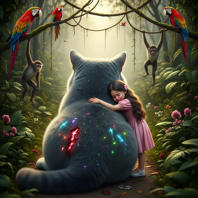 Captivating Scene: Realistic Portrait of Girl and British Cat in Jungle