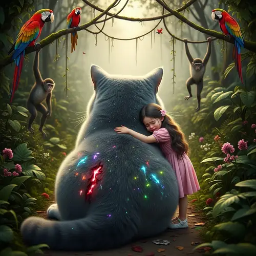 Adorable British Cat and Crying Girl in Hyperrealistic Scene