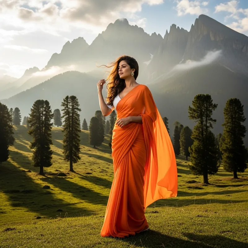 Elegant South Asian Woman in Chiffon Saree | Mountain Serenity Elegant South Asian Woman in Chiffon Saree | Mountain Serenity