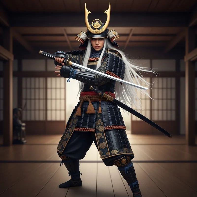 Japanese Samurai Woman in Black Armor with Horns and Katana