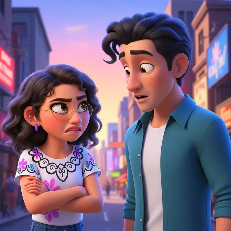 Young Brown-Haired Girl Angry with Black-Haired Disney-Like Boyfriend