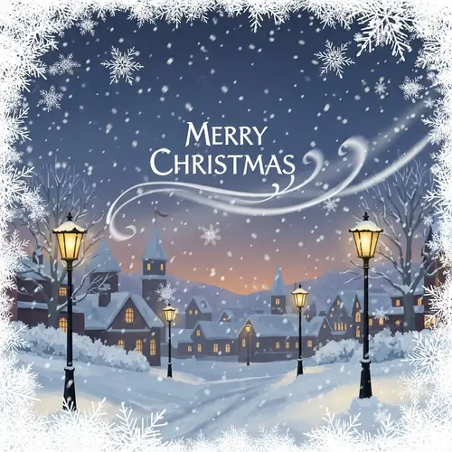 Vintage Christmas Town Illustration with 'Merry Christmas'
