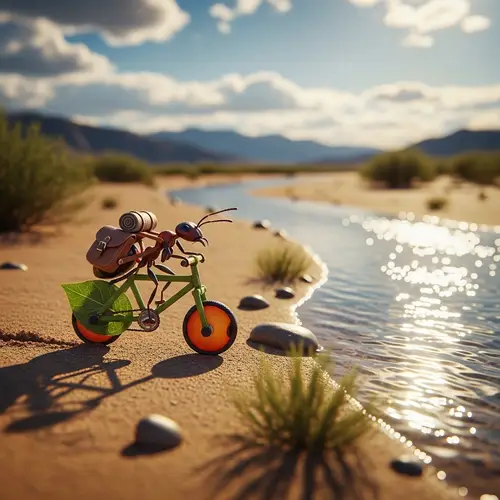 Ant Riding Bicycle in Desert by River