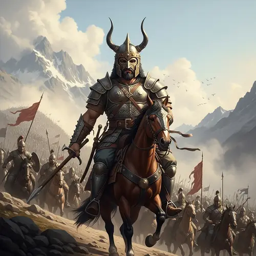 Hyperrealistic Oil Painting of Massive Warrior Dhul-Qarnayn Leading Army into Battle