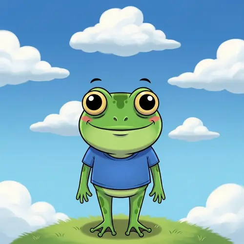 Green Anthropomorphic Frog Illustration in Blue T-Shirt