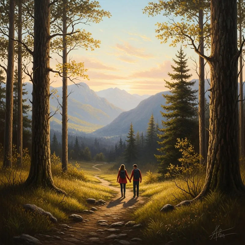 Romantic Oil Painting: Lovers Hiking in Spring