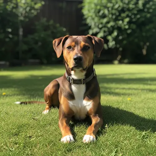 Stylish Dog Relaxing in Garden with Glossy Fur
